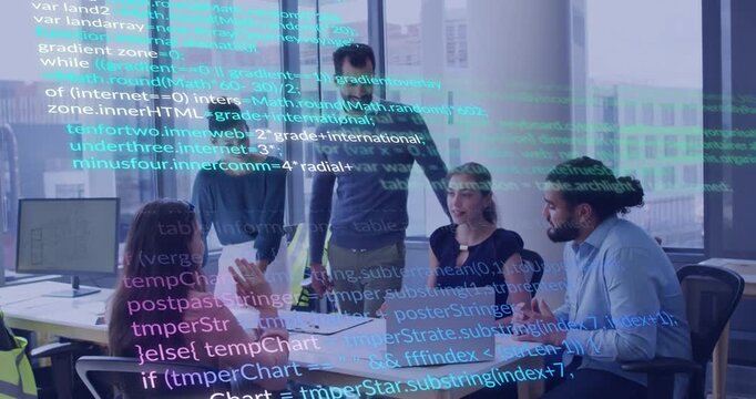Tech team meeting at table, woman tapping laptop causing code overlay reviewing prototype