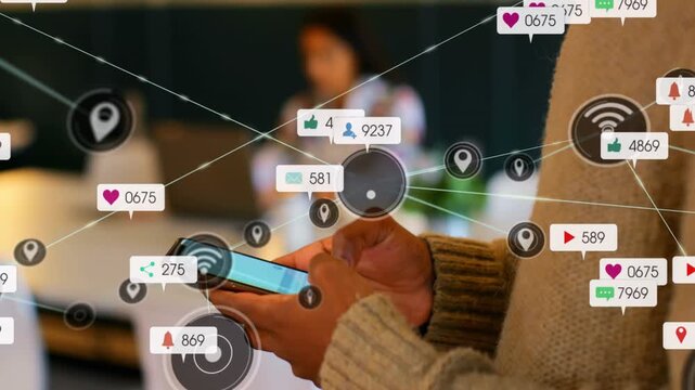 Male hands tapping phone screen by laptop, spawning alerts forming web showing marketing growth