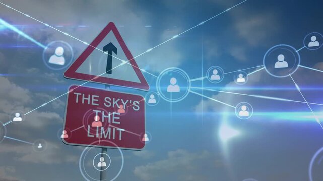 Sign tilting forward emitting light rings, icons linking and growing, showing growth and connection