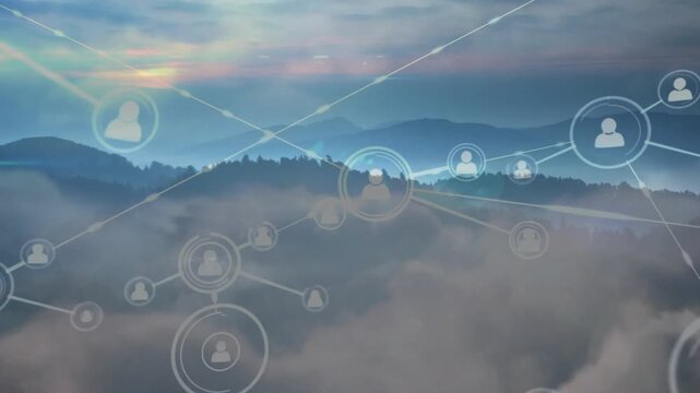 HUD ring appearing, network overlay expanding over ridgelines, nodes linking, showing community