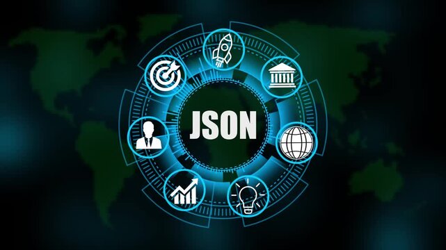 JSON System Software Automation concept on virtual screen data center. Modern Technology, Internet and social media icons 4K animation on world map 