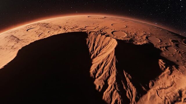 The red planet Mars with its vast, ancient craters and y surface
