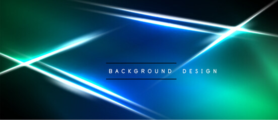 Fototapeta premium Dark background features bright neon lines, creating abstract geometric shapes. Vivid blue, green gradients dominate visual space.