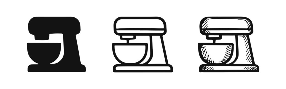 Set of stand mixer icons in glyph, outline, and doodle styles. Baking and kitchen appliance symbol.