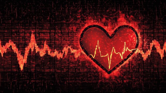 Heartbeat Line on a Fiery Red Heart Background Representing Medical Cardiology Health or Intense Passion and Love a Grunge Ekg Pulse on a Dark Grid