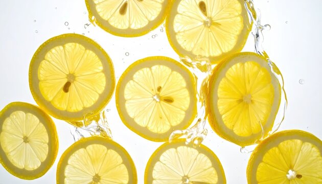 Sliced lemons submerged in water, showing splash and translucent fruit detail