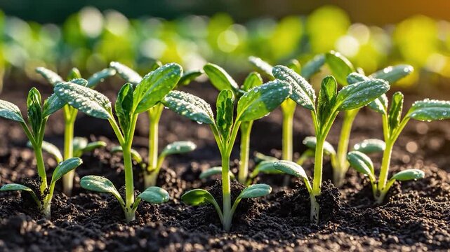 Young green plant sprouts emerge from rich dark soil under warm sunlight