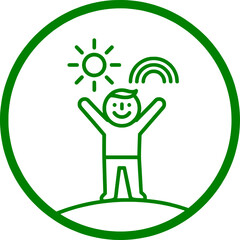 Fototapeta premium Green line art vector illustration of a happy child with arms raised under the sun and a rainbow. Minimalist circular emblem representing eco-friendly concepts, joy, and nature.