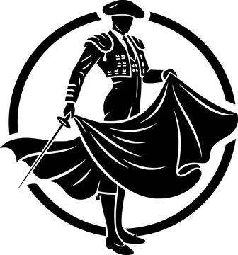 Vector silhouette of a Spanish bullfighter (matador) with a red cape and sword in a circular frame. Concept of Spanish culture, tradition, and art.