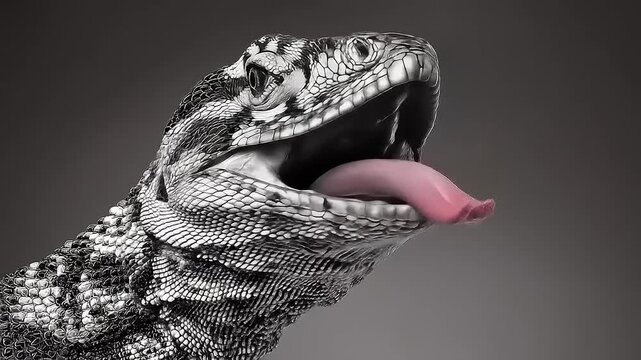 Closeup of lizard head opening mouth.