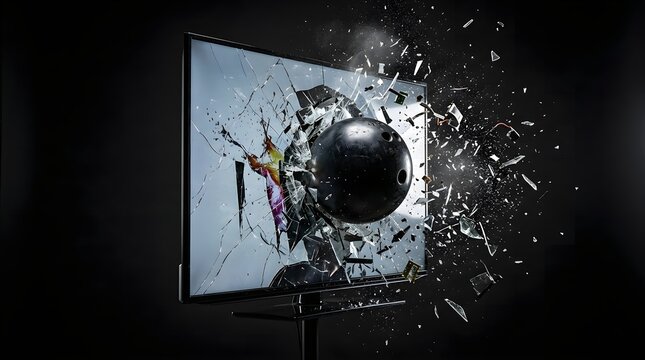 Bowling Ball Crashing Through Television Screen Shattered Glass Flying.