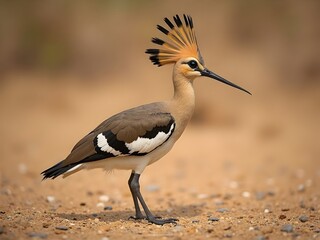 Fototapeta premium Magnificent hoopoe bird with its distinctive fan-shaped crest and long, slender beak stands gracefully on the sandy ground, showcasing its unique plumage in a natural habitat.