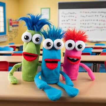 Two sock puppets with googly eyes and soft mohawk fleece hair in a fun music-themed classroom