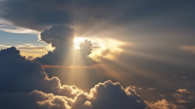 Sun rays breaking through dramatic clouds in a beautiful sky