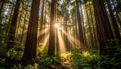 Obraz premium Sacred Sunbeams Illuminate a Majestic, Ancient Redwood Forest