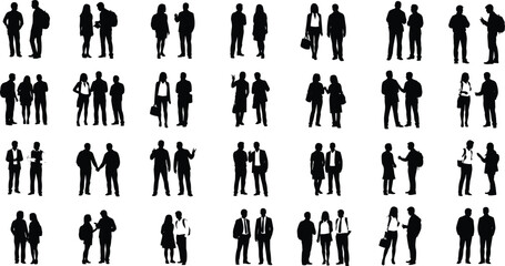 Silhouette pairs of people standing together, diverse interactions, teamwork, communication, business, casual posture, gesture, professional context, social connection
