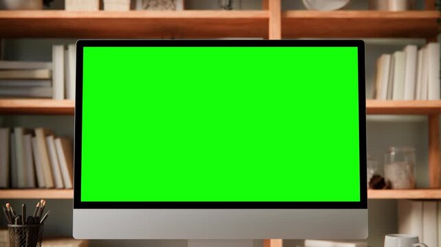Computer Monitor Screen Mockup Rising Push In &ndash; Cinematic Camera Lift and Zoom into Full Screen, Chroma Key Display. Tracking Clip Included