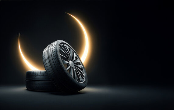 Tire with Glowing Crescent Moon on dark background, Luxury Automotive Ramadan and Eid Concept 