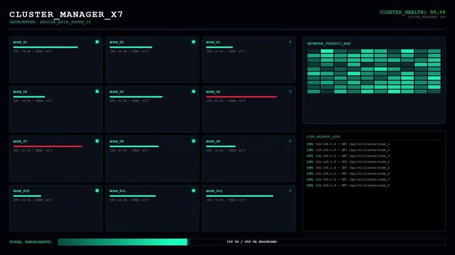 Datacenter Cluster Manager Dashboard with Server Node Health and Network Traffic Analytics.
