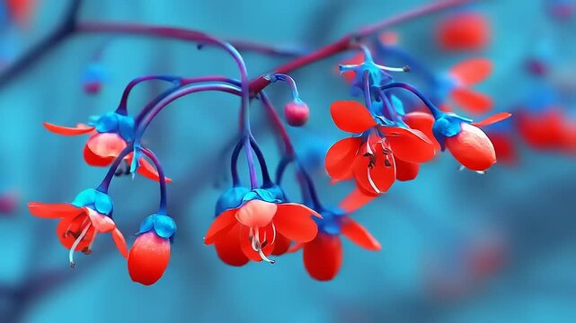 Close-up of Vibrant Red and Blue Flowers on a Branch.
