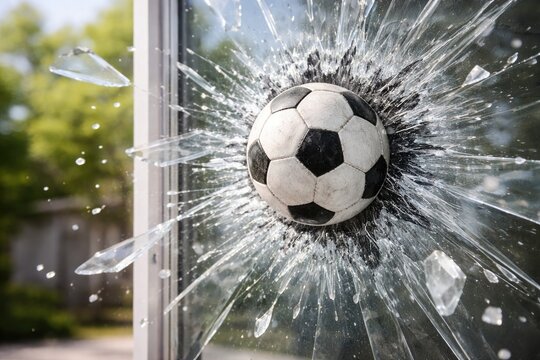 Soccer ball crashing through glass window with dramatic impact and flying shards