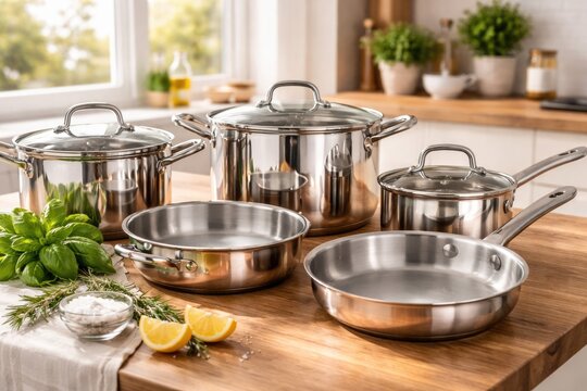 Modern stainless steel cookware set with pots and frying pans displayed on kitchen counter in bright home kitchen