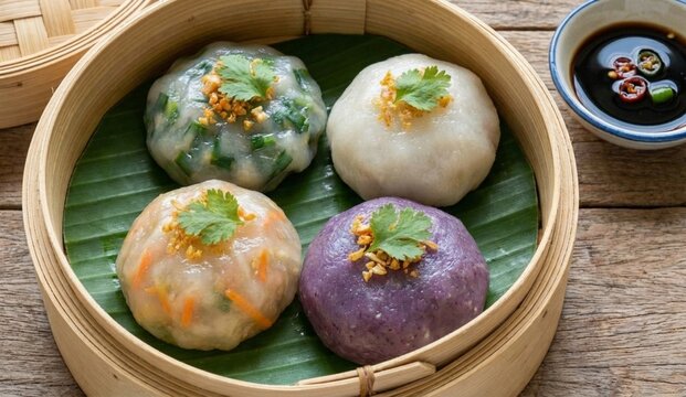 Colorful steamed chive dumplings arranged in a bamboo steamer with a banana leaf base, served with soy sauce and chili, creating a vibrant and appetizing presentation