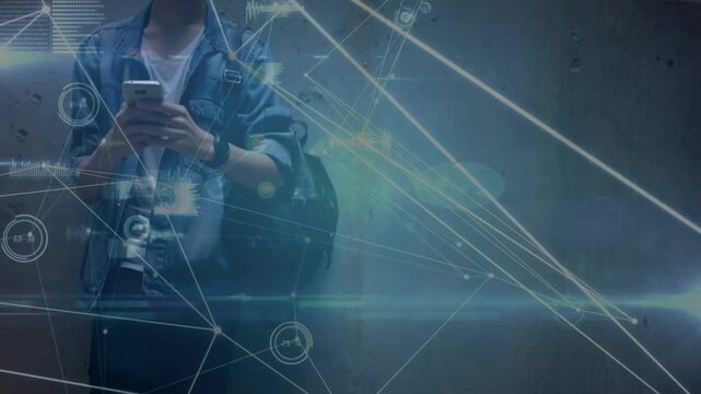 Male student in dim stairwell, looking at smartphone, projecting crystal AR map for navigation