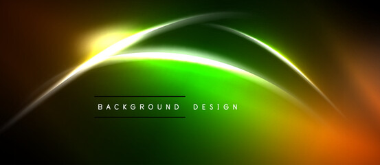 Abstract neon lines create vibrant green, orange glow. Dark background emphasizes smooth curves, dynamic design elements. Text reads background design.