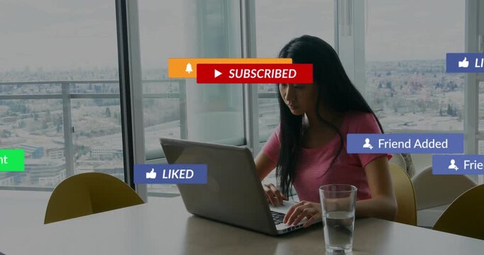 Woman typing laptop, causing subs, likes, msgs floating over screen, showcasing social media growth