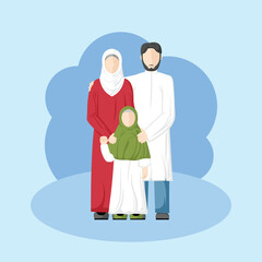 Obraz premium Muslim Islamic Happy Eid Mubarak Family with Different Poses Celebration Greeting Card Vector Illustration