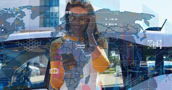 Woman tapping smartphone by white hatchback initiating tech data overlay smiling as camera widening