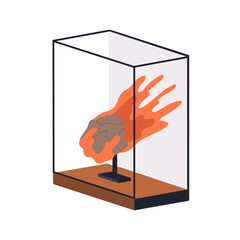 Meteorite exhibit display behind glass. Space rock, asteroid fragment, artifact in astronomy and cosmos museum. Modern art installation, fireball. Flat vector illustration isolated on white background © Good Studio