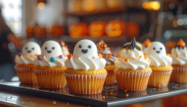 A tray of cupcakes with white frosting and ghost decorations