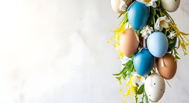 Easter eggs decoration with floral wreath on white background for spring holiday