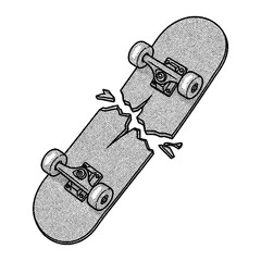 Broken skateboard in retro halftone stipple style illustration © Satoru Sketches