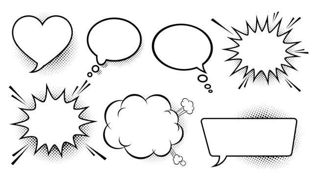 Set of diverse comic book speech bubbles and thought clouds with halftone shadow effects and bold black outlines on white background.