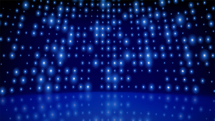 Obraz premium Flashing background led wall lights on stage. Blue cyan glowing dots abstract background. Tech inspired abstract backdrop. Bright flicker stage lights. Futuristic blue dot pattern. Vector illustration