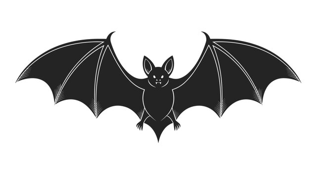 Black silhouette of a flying bat with spread wings and detailed fur texture isolated on a white background for Halloween decoration.