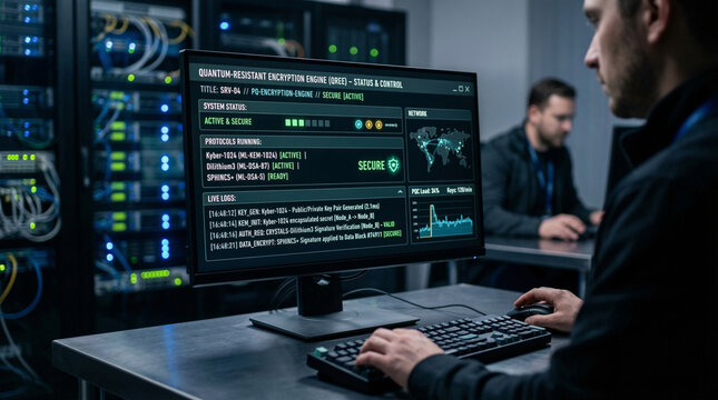Secure server interface showing quantum-resistant encryption protocols running, PQC, post‑quantum cryptography, quantum‑safe