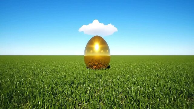 Golden egg resting on lush green grass field under clear blue sky with single white cloud on horizon