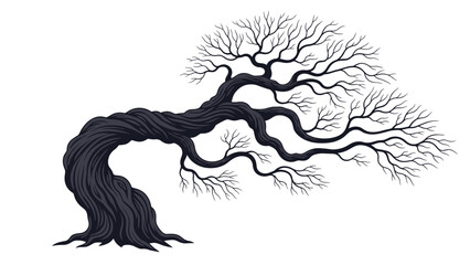 Fototapeta premium Striking black silhouette of a twisted old bonsai tree without leaves, showing intricate branch patterns against a white background.