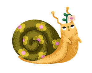Naklejka premium Cute spring snail with flowers on shell. Happy funny kawaii slug smiling. Whimsical garden animal. Lovely slime dreaming in nature. Flat vector illustration isolated on white background