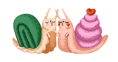 Cute funny snail couple in love. Romantic garden animals kiss. Adorable kawaii slugs, spring slimes, romance relationship. Whimsical valentines. Flat vector illustration isolated on white background © Good Studio