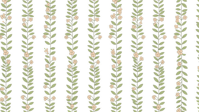 Elegant seamless pattern featuring vertical vines of green leaves and small peach flowers repeating on a clean white background.