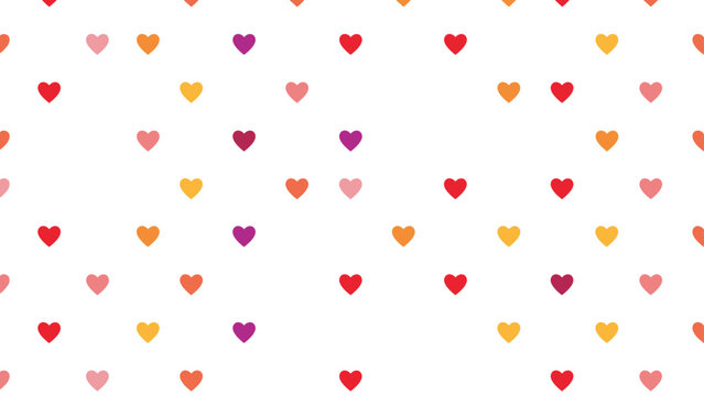 Simple and cute seamless pattern featuring numerous small hearts in pink, orange, yellow, and purple on a white background.