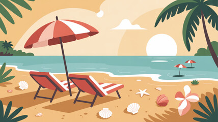 Fototapeta premium Beach scene with red lounge chairs umbrella palm trees and seashells on sandy shore at sunset