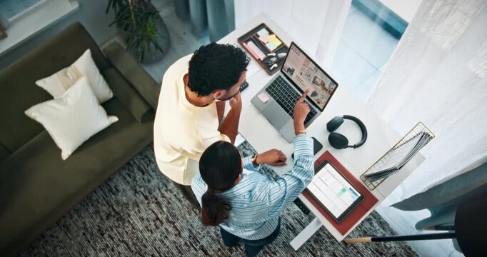 Discussion, people and remote work with laptop screen in home, planning site layout and online content. Couple blog, speaking and woman with man for web design idea, above and pc for UI arrangement