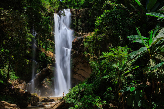 Mae taeng waterfall flowing through lush jungle in thailand