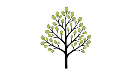 Whimsical illustration of a symmetrical tree with a dark trunk and numerous round green leaves isolated on white background for nature themes.